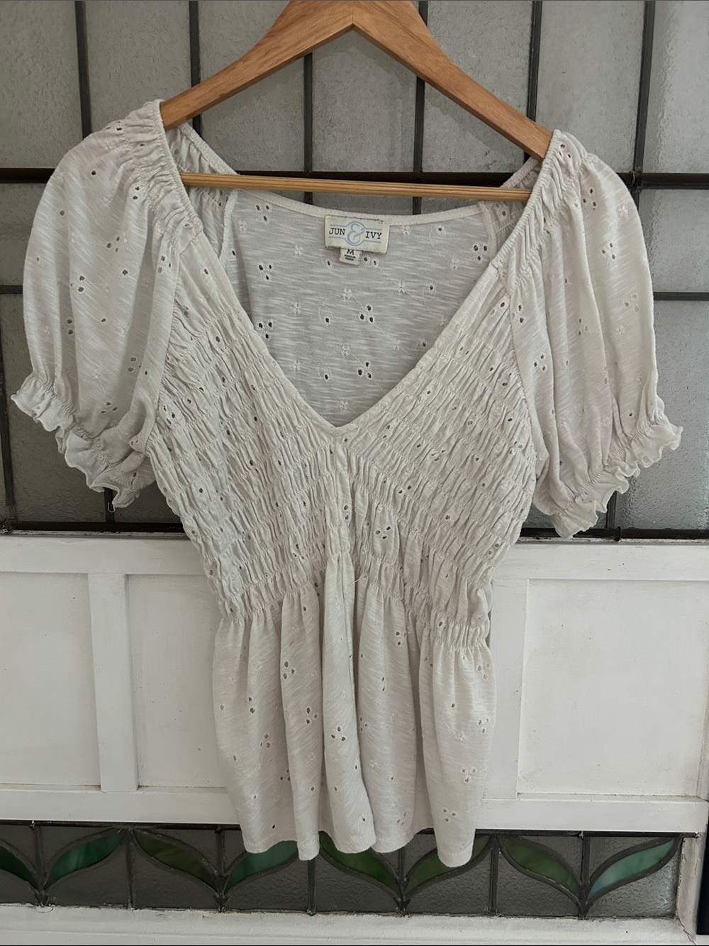 Cream  Eyelet Smocked Peplum Top